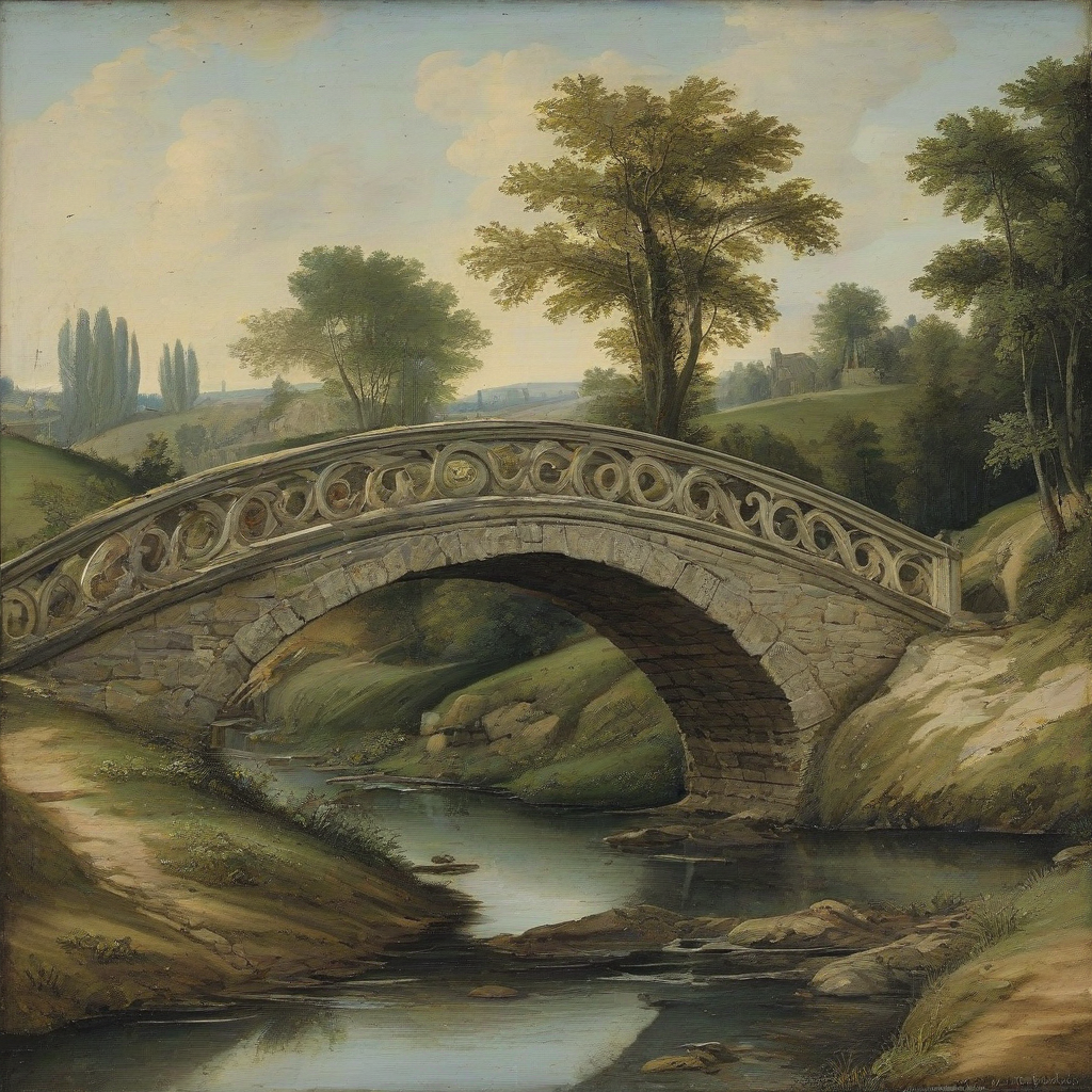 Renaissance painting of a small, curved bridge over a small stream, no people