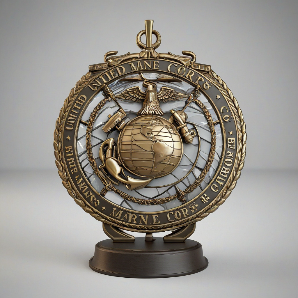 A highly detailed 3D model of the United States Marine Corps Eagle Globe and Anchor emblem, including a sturdy stand, in a style suitable for 3D printing, with intricate textures and accurate proportions, on a plain white background, full-body view, with the stand visible and the emblem prominently displayed, in a digital art style with high contrast and sharp lines, on a plain white background, even lighting