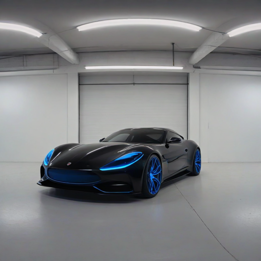 A sleek, black, full-body view of a sports car with glowing blue headlights, set in a perking garage , in a wide shot with the car's wheels and underside visible, with a glossy finish and a sense of speed, in a digital art style with bold lines and vibrant colors