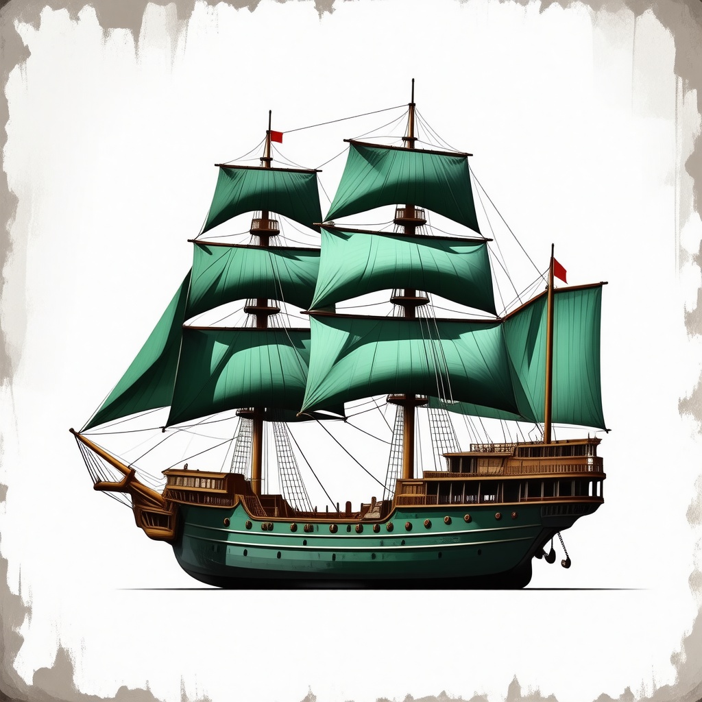 A majestic ship with Emerald green sails and hull, in a grunge style, with a full-body view on a plain white background, wide shot, with dynamic shadows and backlight, in the style of digital art