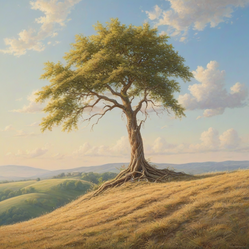 A beautiful, serene painting of a lone tree on a hill, full-body view, wide shot, with visible roots and branches, set against a clear blue sky with a few puffy white clouds, warm sunlight casting a gentle glow, oil painting style, high level of detail, on a plain white background