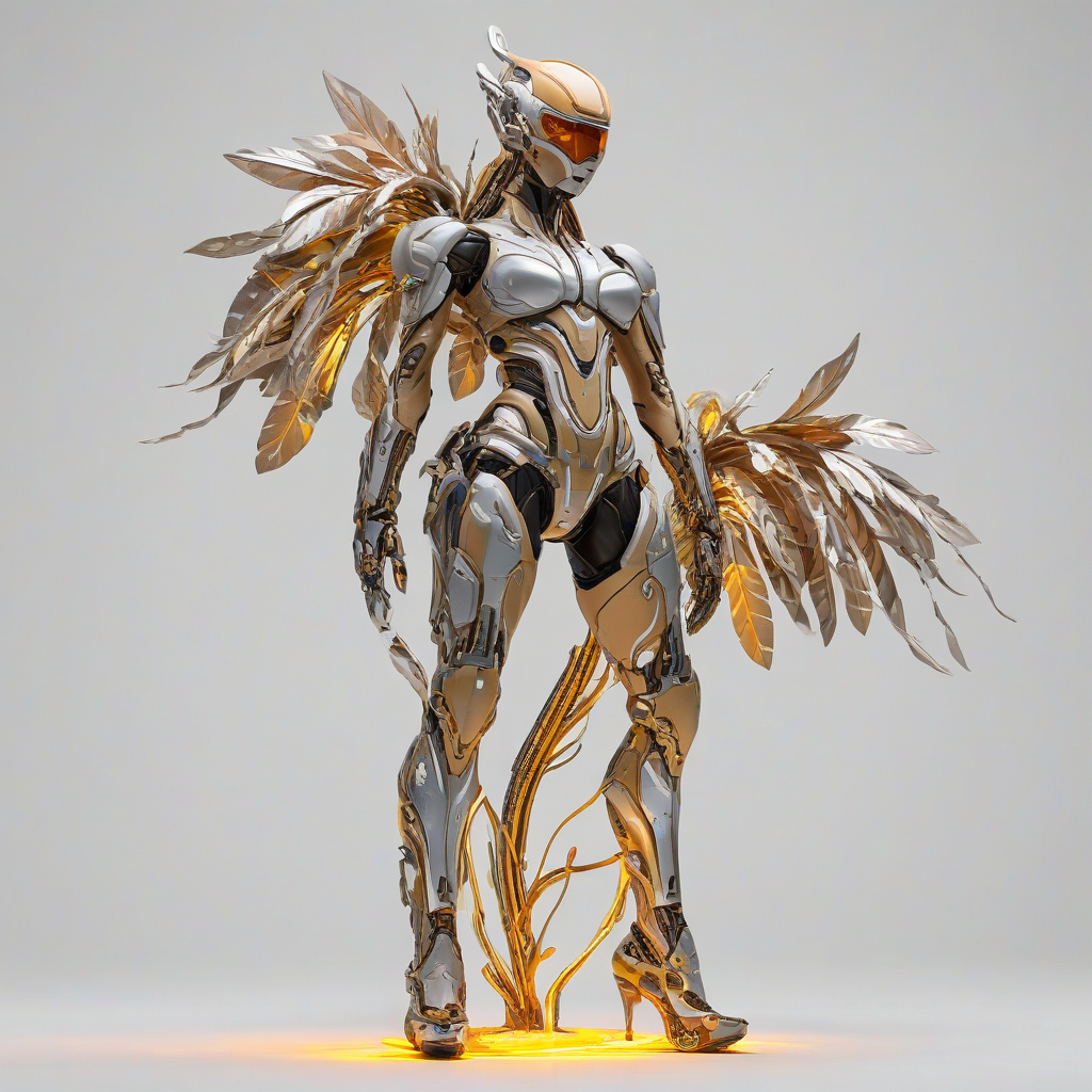 A full-body view of a unique, futuristic, tan-colored plant with metallic leaves and neon accents, set against a plain white background, in a cyberpunk style, with vibrant, dynamic lighting and intricate details, wide shot, feet visible, on a plain white background, even lighting