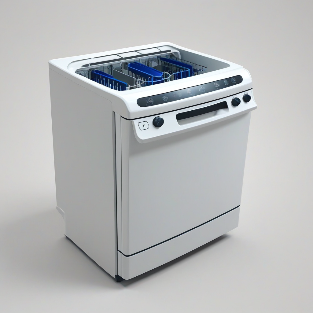 dishwasher, A cartoon-style, cottage style ,  3d vector art style with rounded features and bold lines, bright and even lighting, on a plain white background, on a plain white background, even lighting
