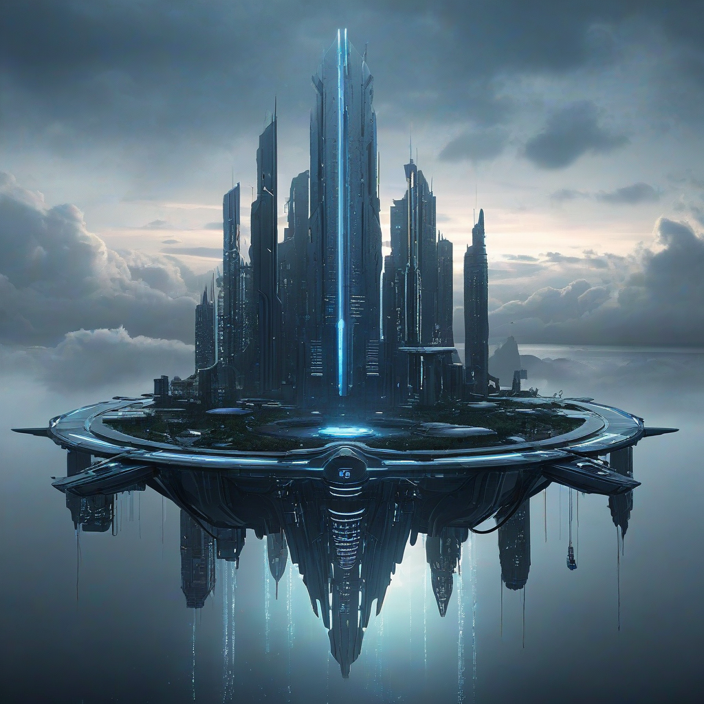 a futuristic, steel blue, cyberpunk themed floating island, with sleek skyscrapers and neon lights, set against a dark, misty sky, in a wide shot, with the entire island visible, on a plain white background, full-body view, with intricate details and textures, in a digital art style, with a sense of depth and atmosphere