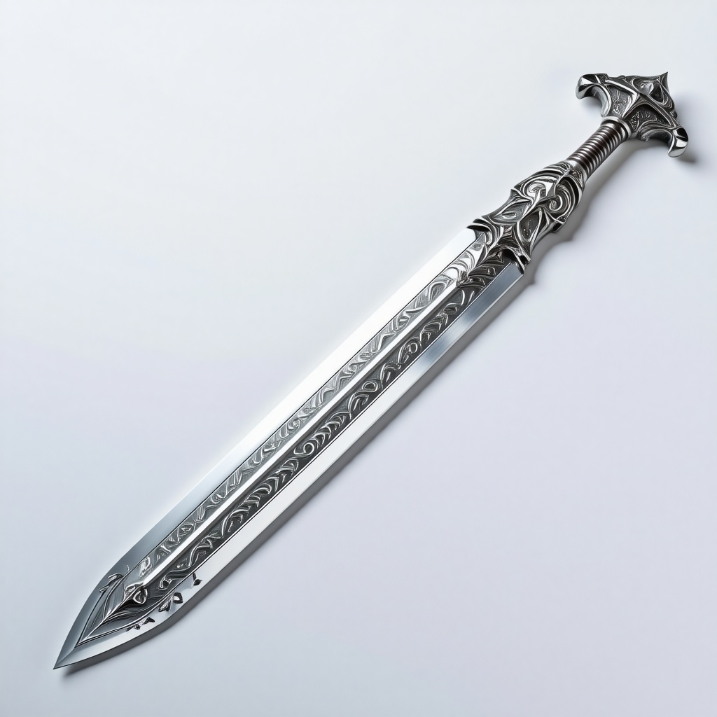 A silver sword with intricate etchings in the blade.