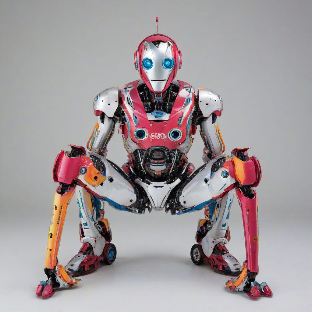 A colorful, full-body view, wide shot, of a single, futuristic, robot, with a bold, pop art style, on a plain white background, with bright, vibrant, dynamic shadows, and hard rim light, and a fish-eye lens effect