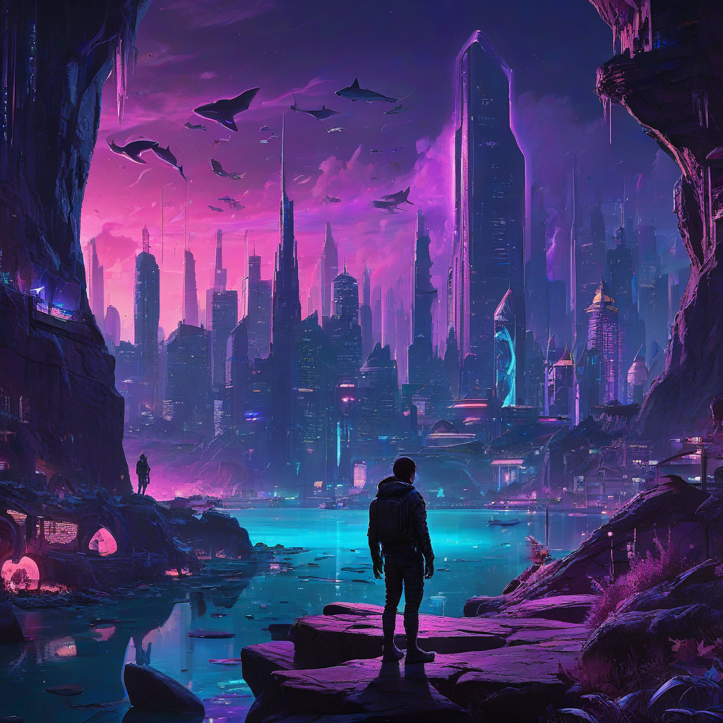 A vibrant futuristic cyberpunk cityscape at night, nestled within a rocky, cave-like environment, overlooking a glowing bioluminescent lake filled with colorful fish and sharks. The city features towering skyscrapers with glowing neon lights in shades of purple and blue, and intricate architectural details. A lone figure stands on a rock in the foreground, silhouetted against the vibrant scene. The overall style is fantastical and highly detailed, with a sense of wonder and mystery