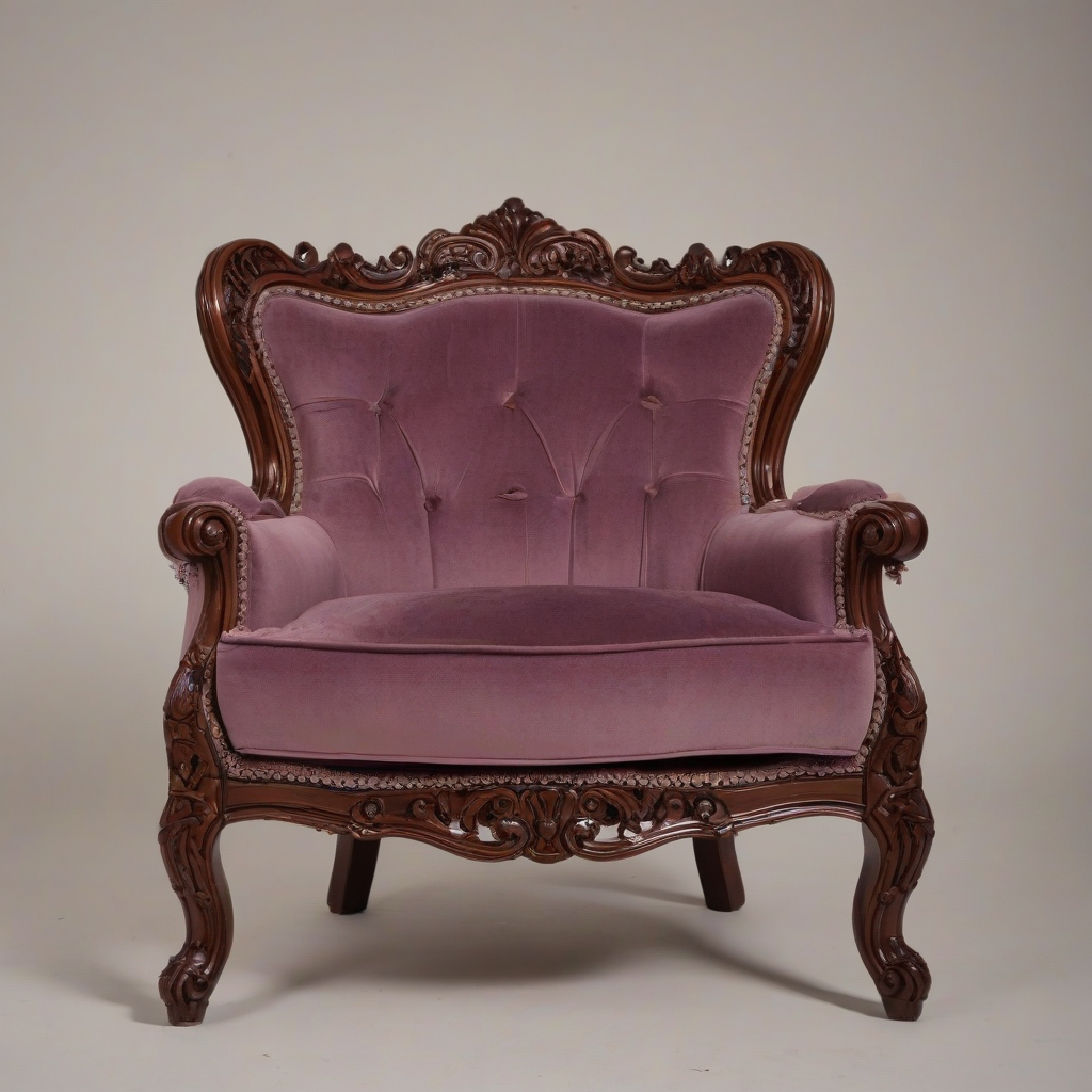 A cartoon-style, plum-colored, Victorian-era armchair with intricate carvings, viewed from a wide shot with the entire chair visible, including the legs and back, on a plain white background, with soft, warm lighting and dynamic shadows