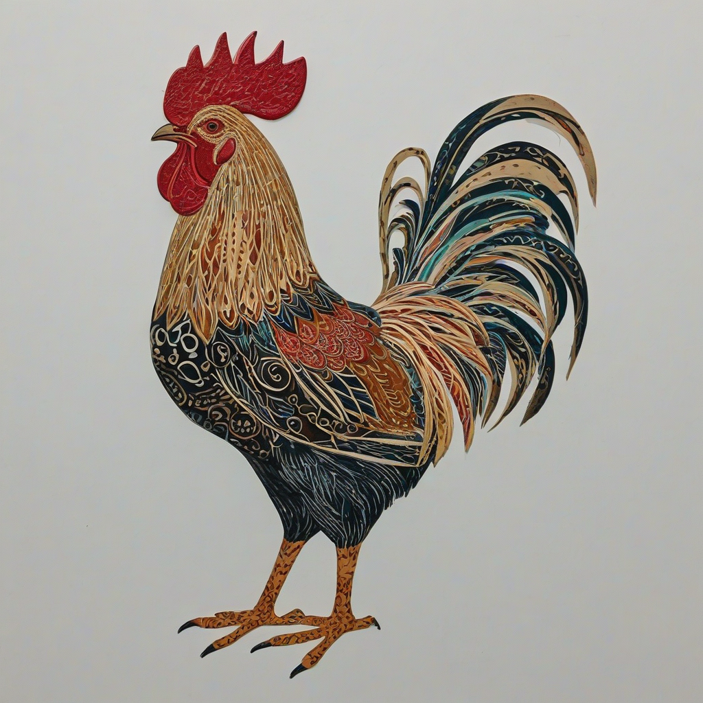 Folk art style picture of a full-body view of a rooster on a plain white background