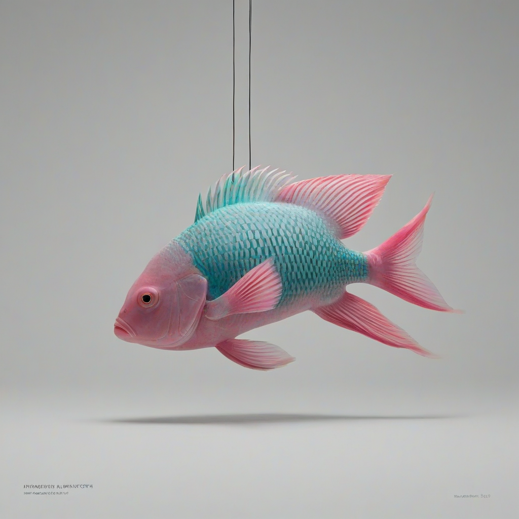 A pink fish, full-body view, minimalist style, plain white background, simple shapes and lines, bold turquoise color, no intricate details, no complex textures, wide shot, feet visible, on a plain white background, even lighting 