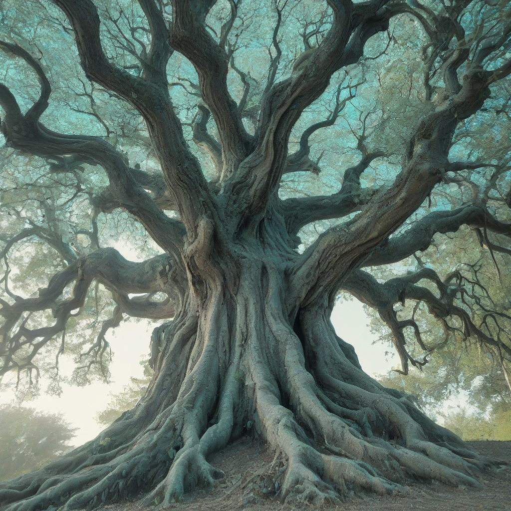 A majestic, enchanted tree with a thick, gnarled trunk and branches that stretch towards the sky, set against a plain white background, in a Gothic style with intricate details and ornate carvings, with a predominantly Turquoise color scheme, full-body view, wide shot, with roots and leaves visible, in a mystical and dreamy atmosphere, with soft, ethereal lighting and dynamic shadows
