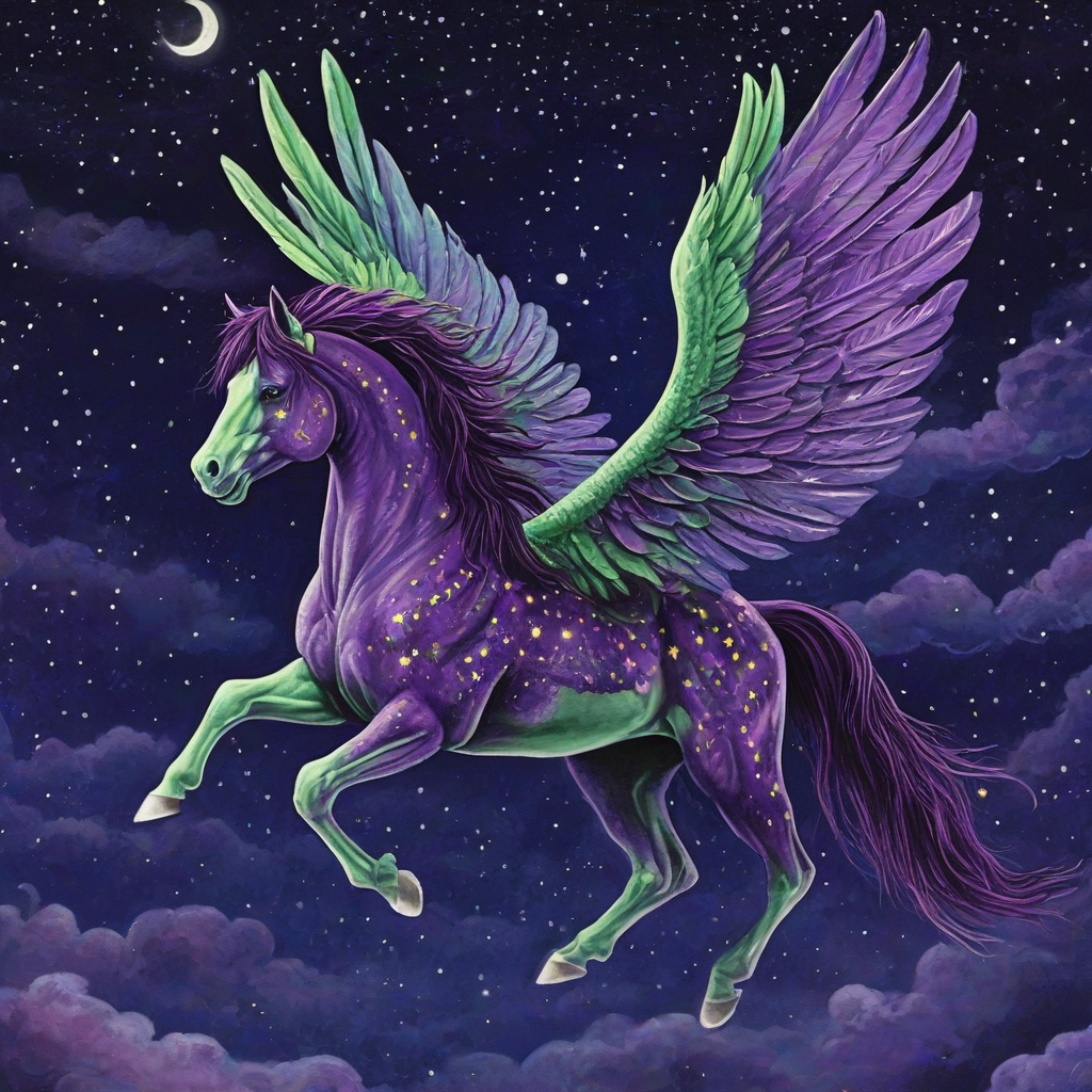 Purple and green horse with wings flying through the night sky