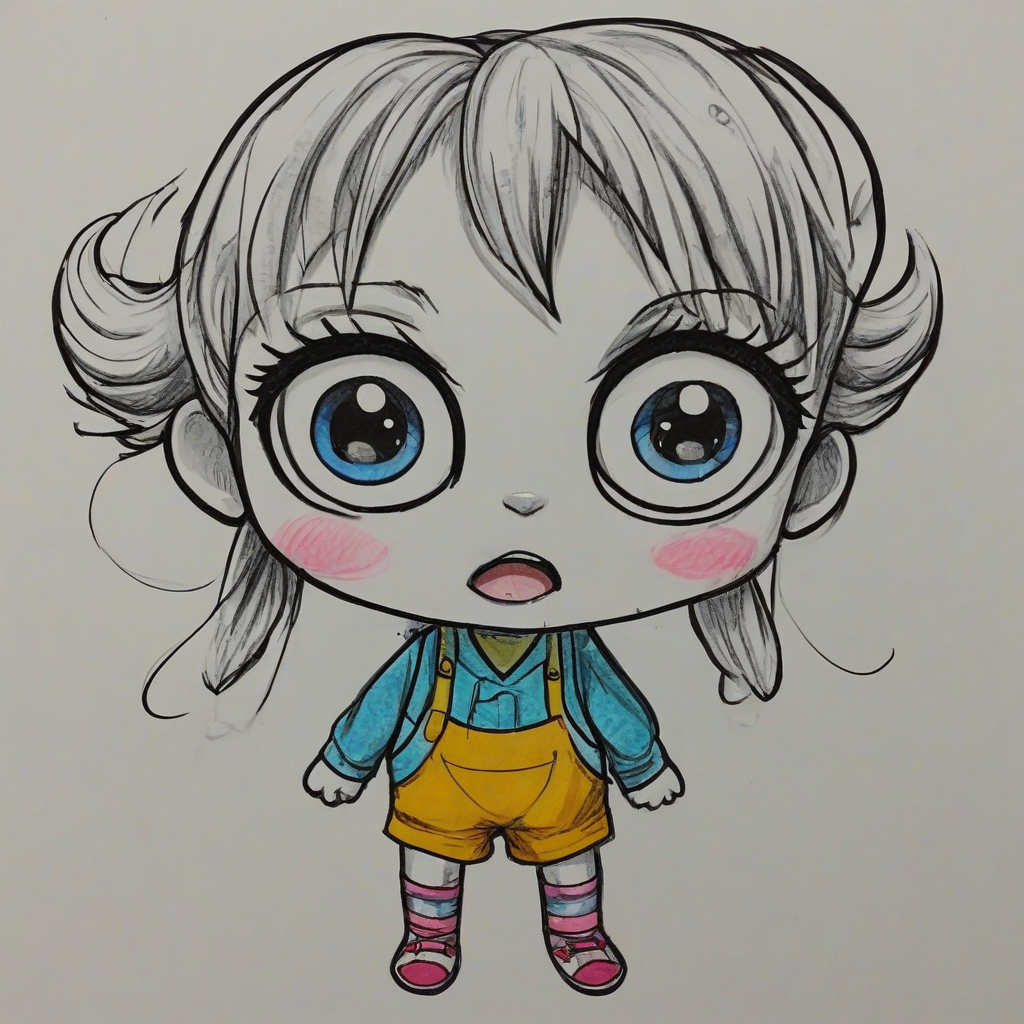 a hand-drawn anime character with big eyes, a happy expression, bright colors, and visible feet on a plain white background