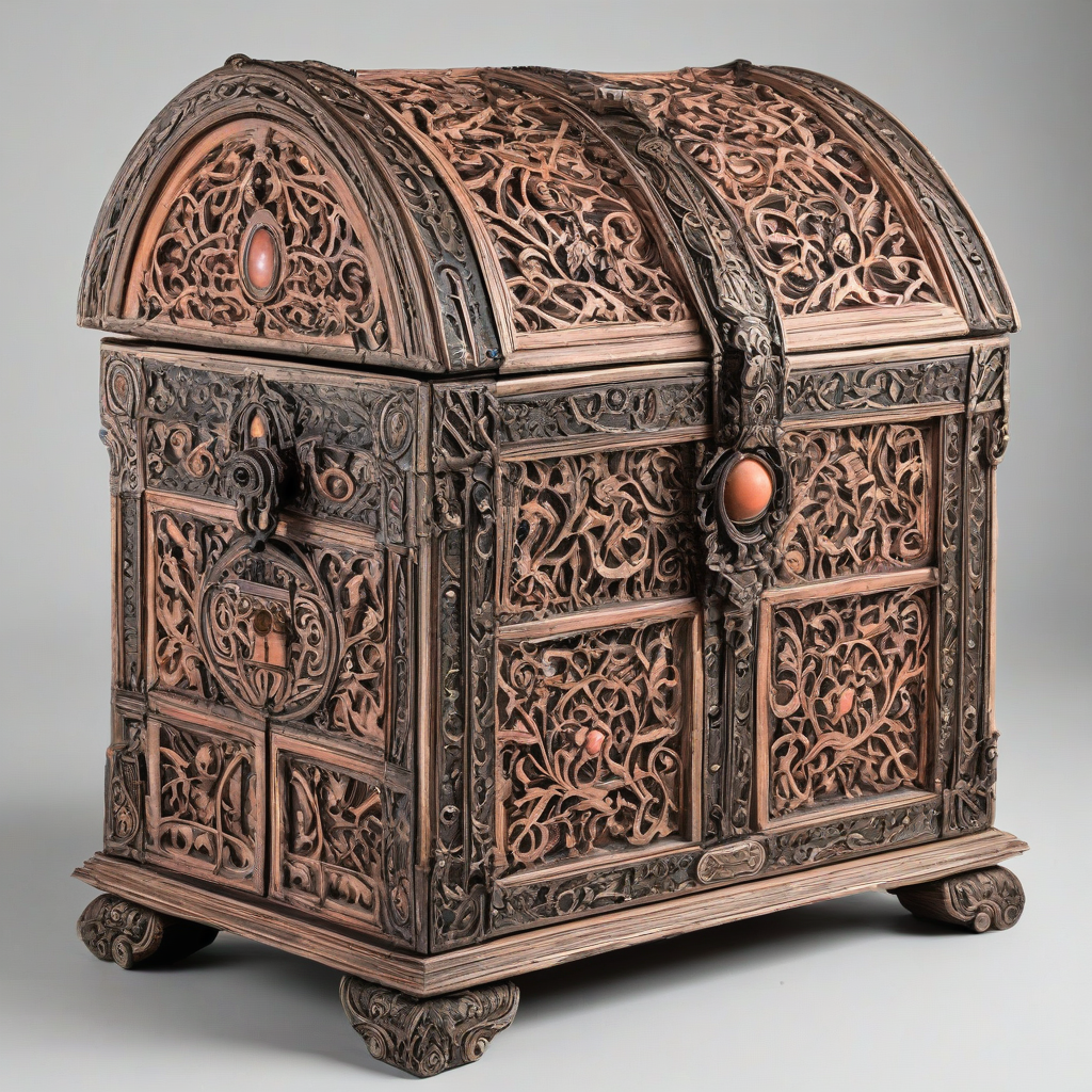 A intricately carved, old, mysterious chest, with a dark fantasy style, peach-colored accents, ornate details, and a wide shot, full-body view, on a plain white background, with dramatic lighting and dynamic shadows, on a plain white background, even lighting