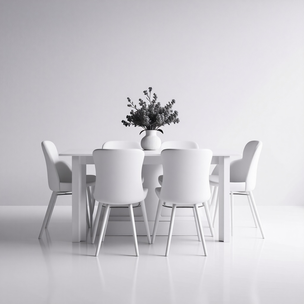 A monochrome white dining table with four white chairs, wide shot, full-body view of the table and chairs, plain white background, no shadows, no textures, digital art style, minimalist aesthetic