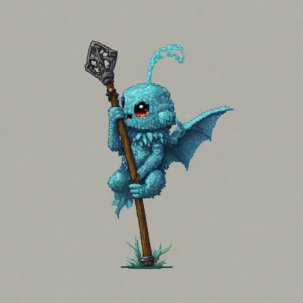 Chibi pixel art style, old sky creature holding a staff, on a plain white background, even lighting