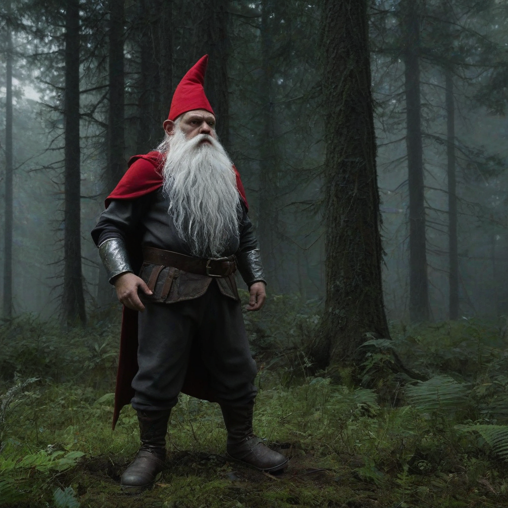 A menacing gnome with a red hat and white beard, standing in a full-body view, with feet visible, in the center of a dense forest with tall trees and overgrown vegetation, under a dark and ominous sky with lightning in the background, photorealistic style, wide shot, plain white background is not suitable, instead, a natural forest floor with leaves and trees, high contrast, dramatic lighting, intense colors
