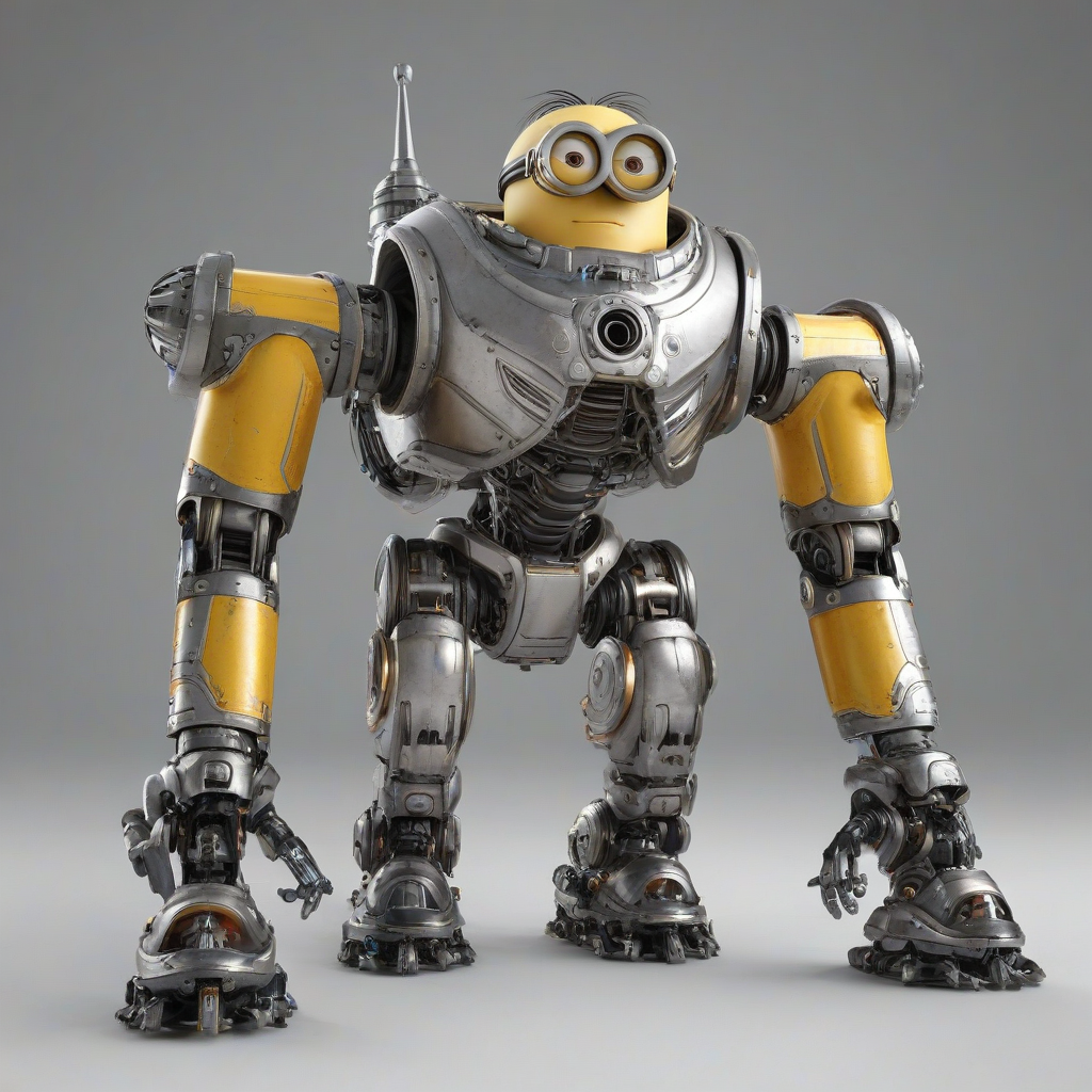 A full-body view of a Minion character from the Despicable Me franchise wearing a large, metallic mech suit with bright, shiny armor, two large cannons mounted on the arms, a clear cockpit, standing on a plain white background with a wide-angle shot, photorealistic style, with dynamic shadows and a hard rim light, and the Minion's face visible through the cockpit with a happy expression.
