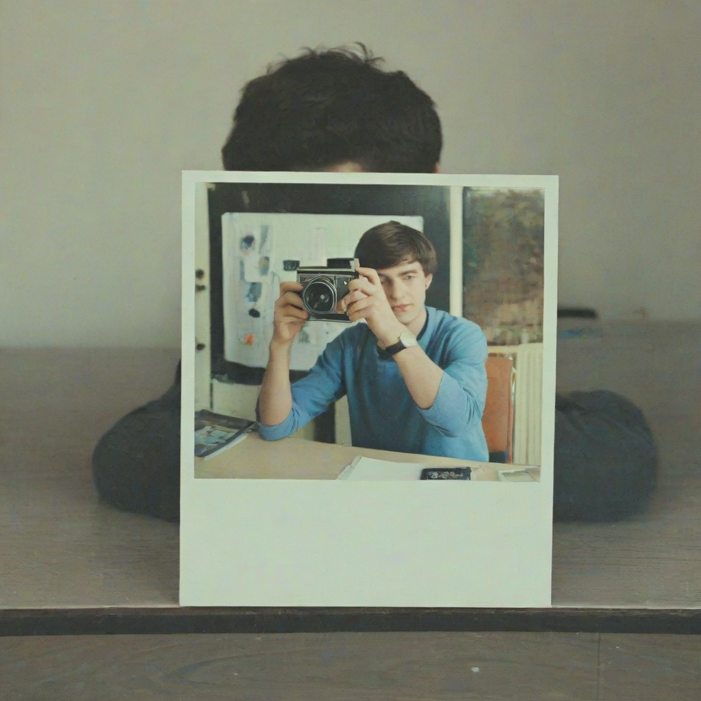 Polaroid photo of polaroid photo sitting on a desk of a young man taking a photo using a polaroid camera