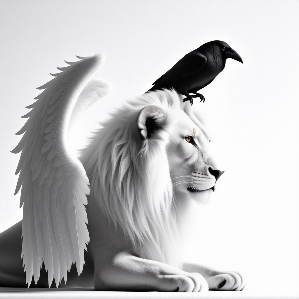 A white lion with white angel wings on its back. There is a black crow sitting on top of the lion's head, tuning its head to the side