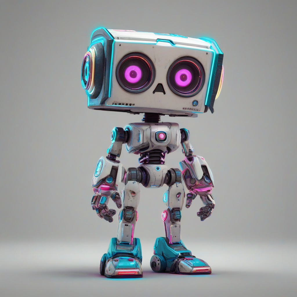 A cute, video game robot with a stumpy body, big eyes, and a cubic face, standing in a full-body view with its feet visible, on a plain white background, in a comic book art style with bold neon lines and bright colors, with a wide-angle shot and bright lighting, on a plain white background, even lighting 