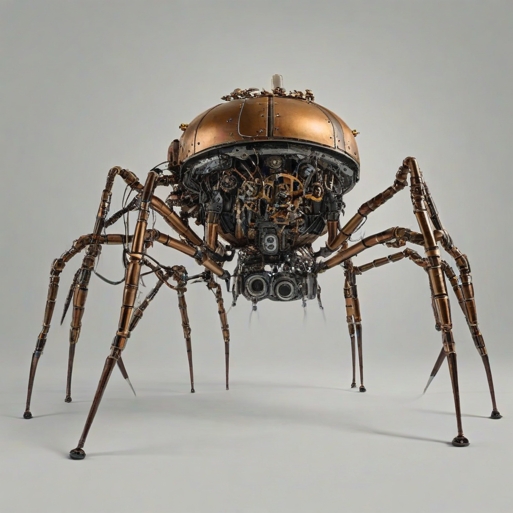steampunk style pod with mechanical, robotic, extending spider legs, on a plain white background, even lighting