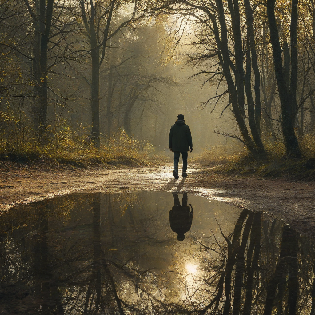 A man walking towards a mystical forest, on the ground behind him is a large puddle, his reflection is visible in the puddle, the reflection is glowing with a soft, ethereal yellow light while the man looks ordinary, with a hint of a mystical aura surrounding him