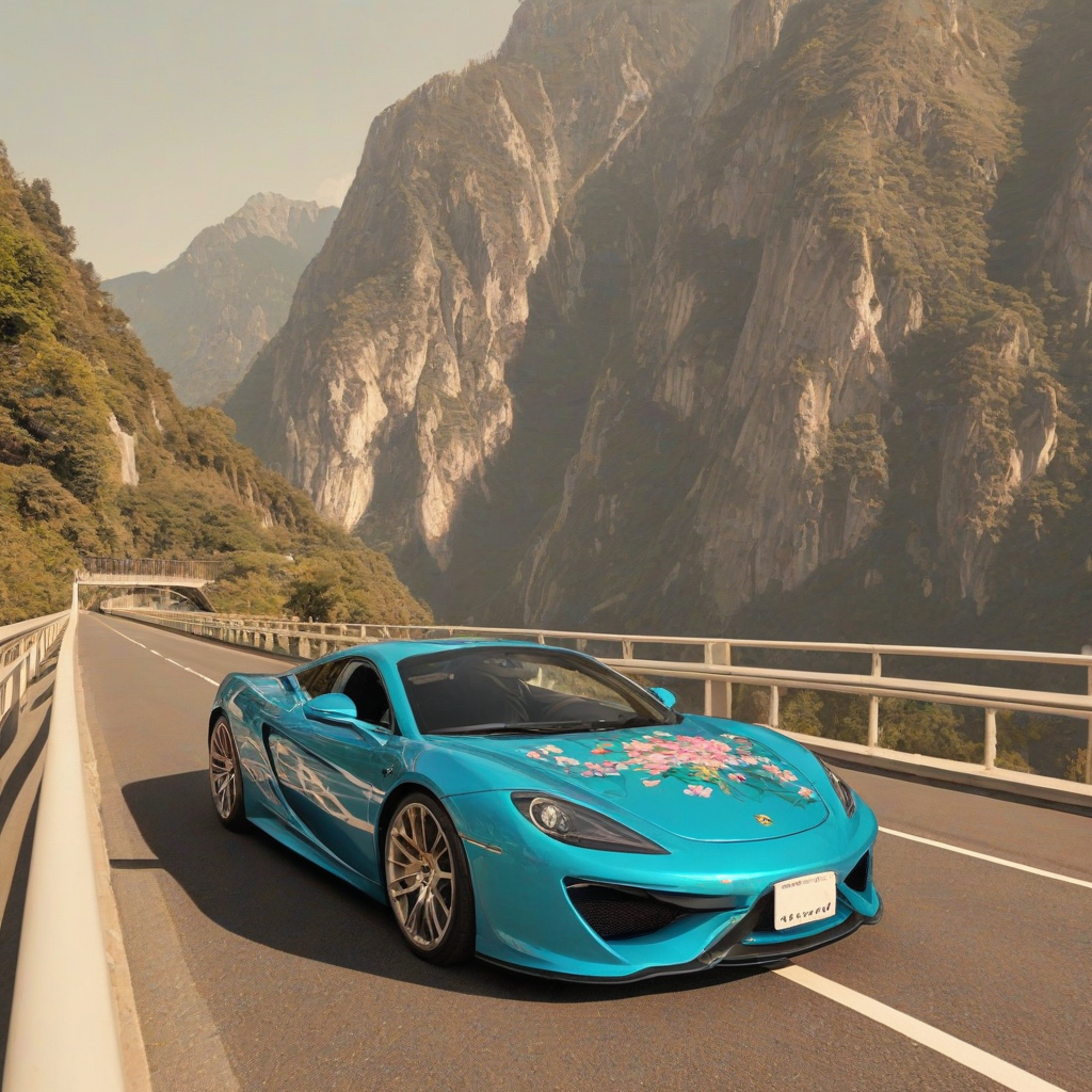 A shiny cyan car with sleek design, painted vines with flowers on sides, full-body view, wide shot, feet visible, on a bridge with a mountain in the background, digital art style