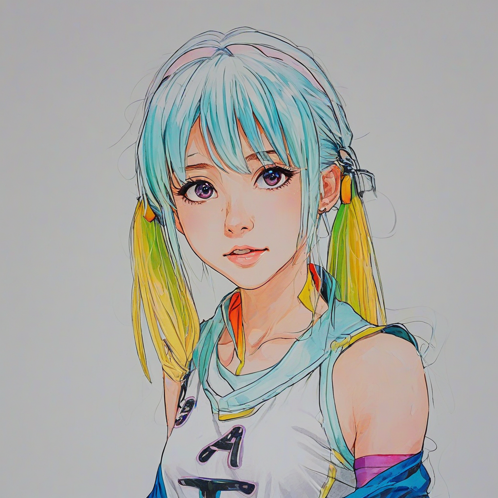hand-drawn style anime girl, bright and vivid colors, on a plain white background, even lighting