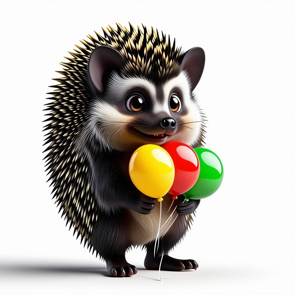 Larry the cartoon hedgehog holding three balloons, one red, one yellow, and one green