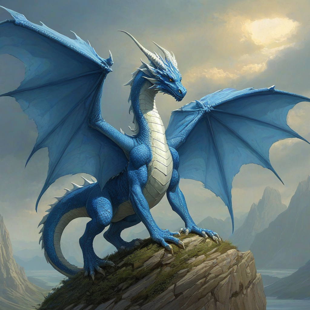 Michael Whelan and Marc Simonetti art style of a blue and white dragon