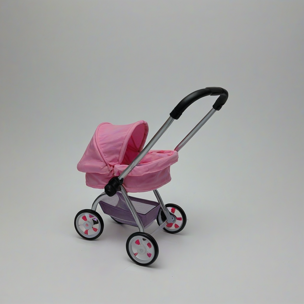 a toy doll stroller, on a plain white background, even lighting