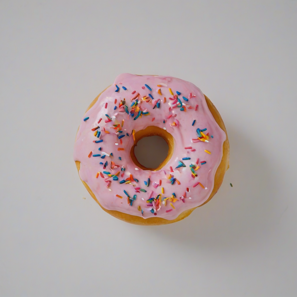 A plain donut with pink frosting and rainbow sprinkles on top, full-body view, on a plain white background, with a wide-angle shot and soft natural lighting, on a plain white background, even lighting 
