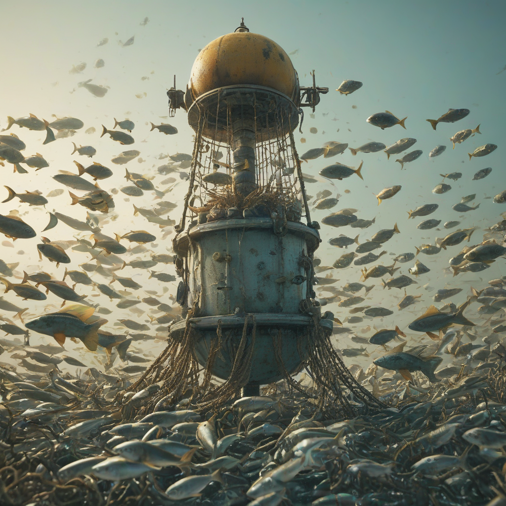 A floating ocean buoy in a hydropunk style, with a mixture of industrial and organic elements, surrounded by a school of bioluminescent fish, in a wide shot with the buoy's rope and anchor visible, on a plain white background, with a warm golden light and dynamic shadows, in a digital art style with a focus on intricate details and textures, on a plain white background, even lighting 