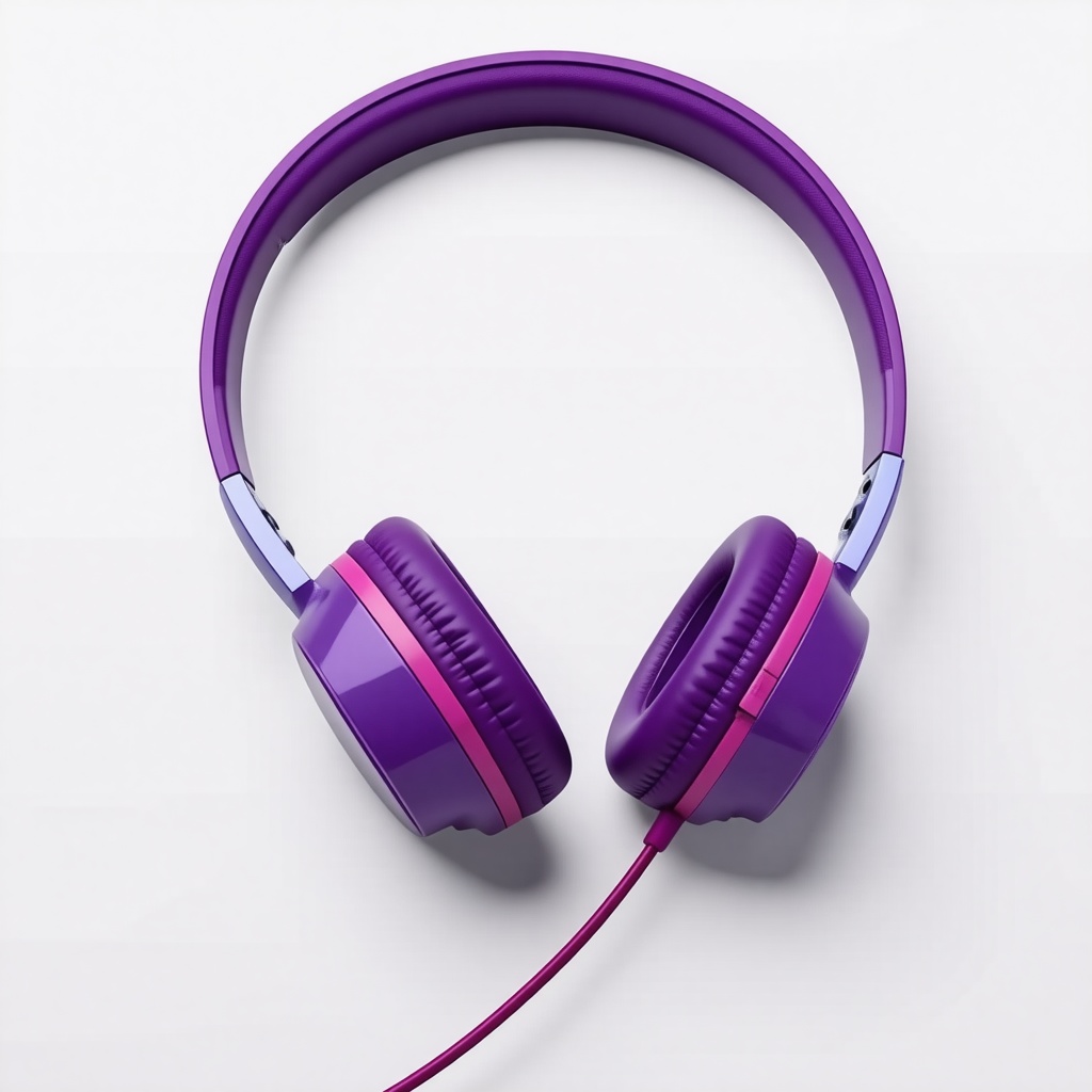 purple and pink headphones with a cord