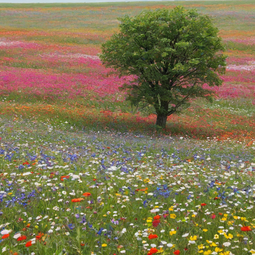 wide shot of a field of colorful wild flowers with one large tree in the middle, plain white background