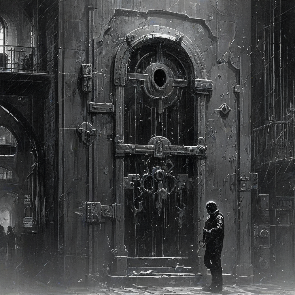 Digital silhouette art of something locked, include a giant lock and a scene bustling with details, accent black and white colors, Michael Whelan and Jeremy Mann influenced art styles