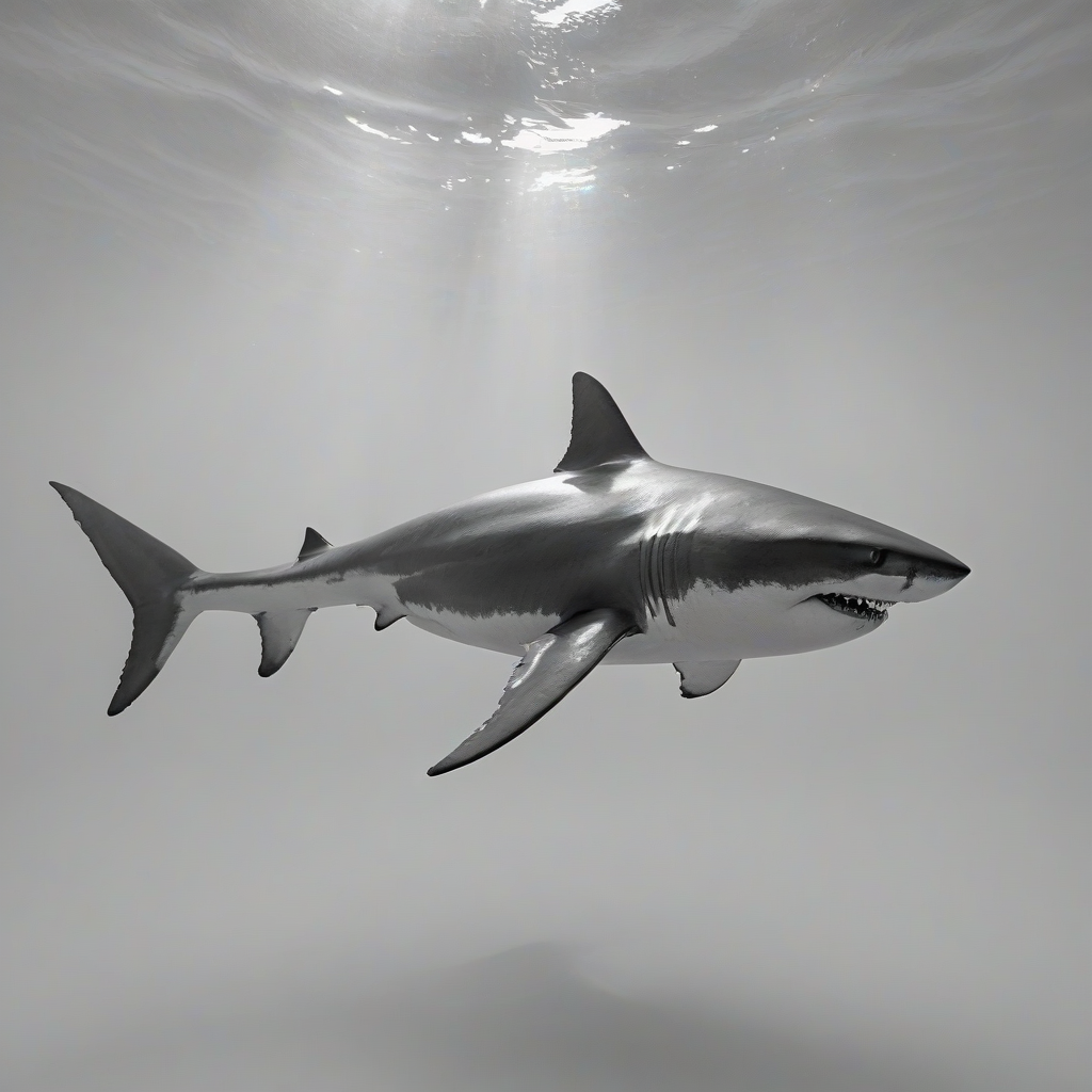 A great white shark, full-body view, swimming in the ocean, with a grey and white color scheme, photorealistic style, wide shot, with sunlight shining down, and a plain white background, on a plain white background, even lighting 