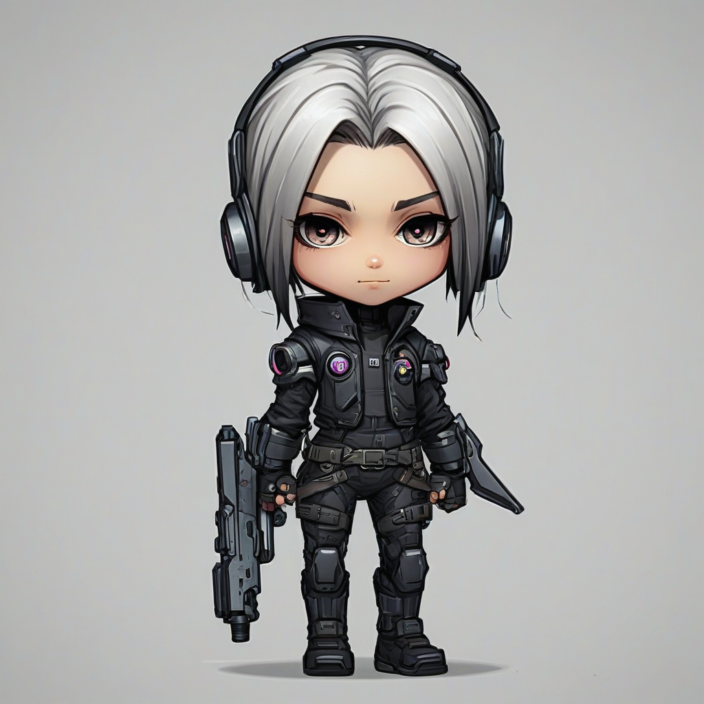 chibi style cyberpunk character, on a plain white background, even lighting