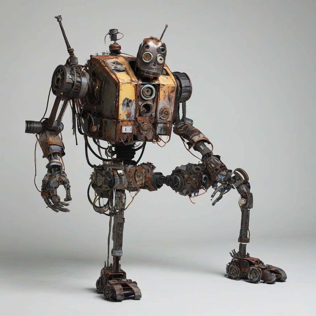 post apocalyptic style, robot made from scraps from a junk yard, on a plain white background, even lighting