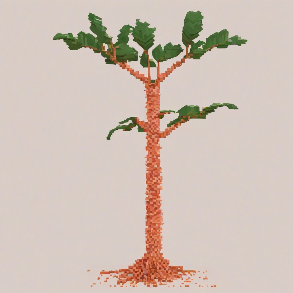 A single, full-body view of a vibrant, peach-colored plant with large, rounded leaves and a sturdy stem, rendered in a pixel art style, on a plain white background, with a wide shot and the roots visible, under even lighting.