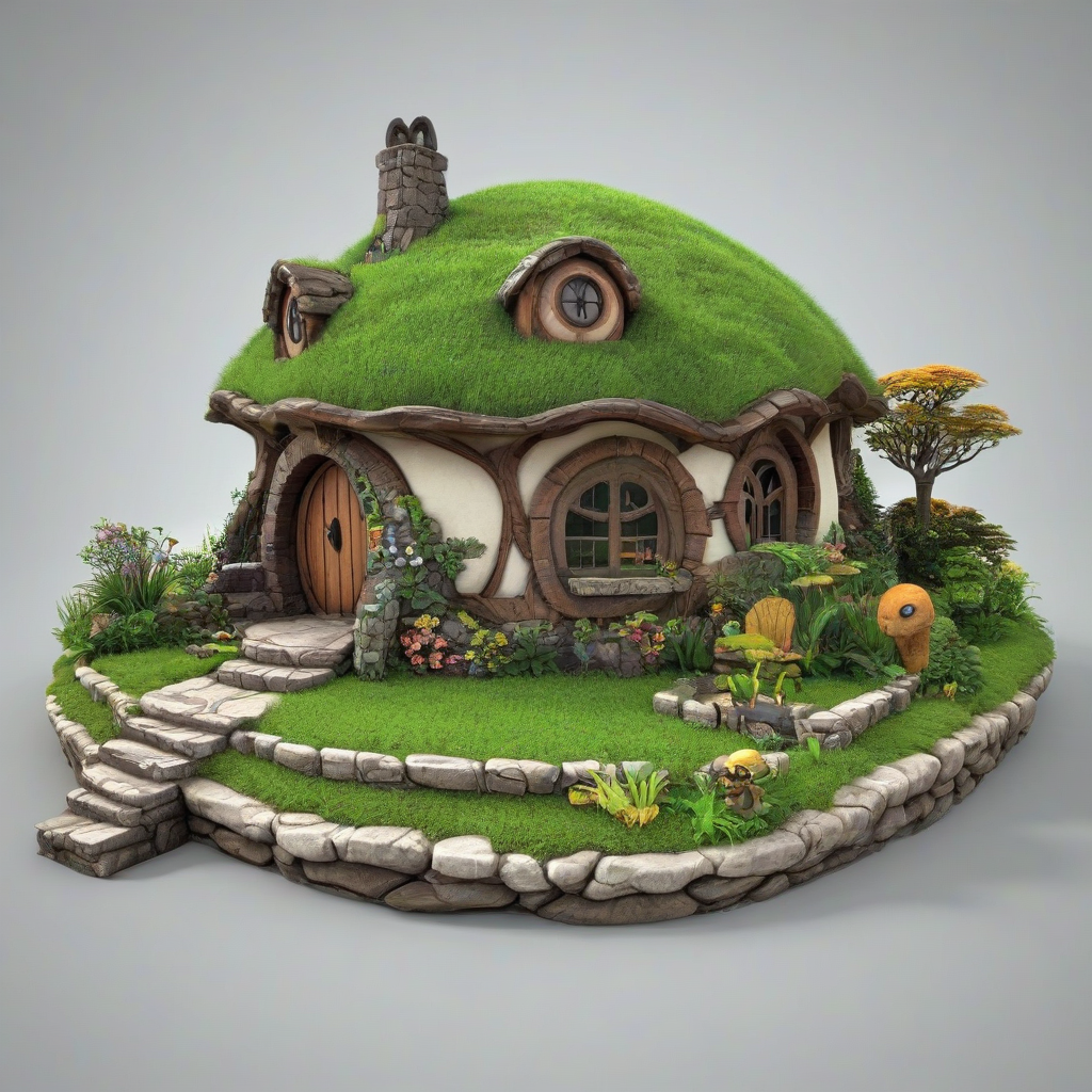 3d animation cartoon style hobbit house, with a turtle shell as the roof, bright and vivid colors, on a plain white background, even lighting