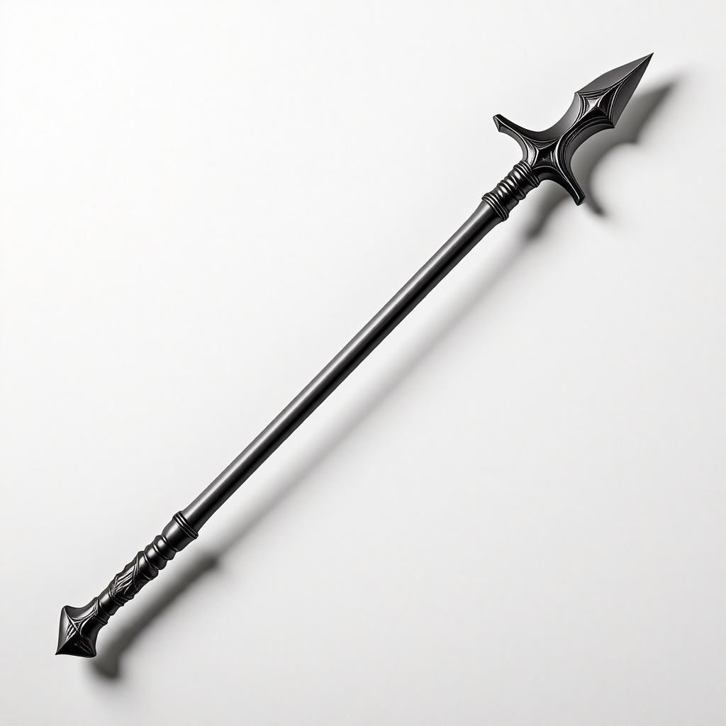 A long polearm melee weapon with a sharp edge and spike, full-body view, on a plain white background, with a wide shot, and feet visible, in the style of a medieval illustration, with dynamic shadows and a hard rim light
