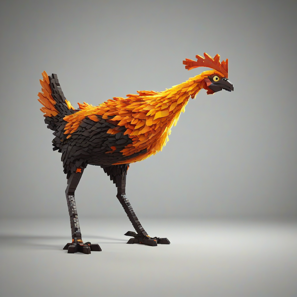 A Minecraft-style lava chicken, full-body view, with bright orange and yellow feathers, standing on a plain white background, with a wide-angle shot, dynamic shadows, and blocky textures, in a digital art style, on a plain white background, with a focus on the pixelated details