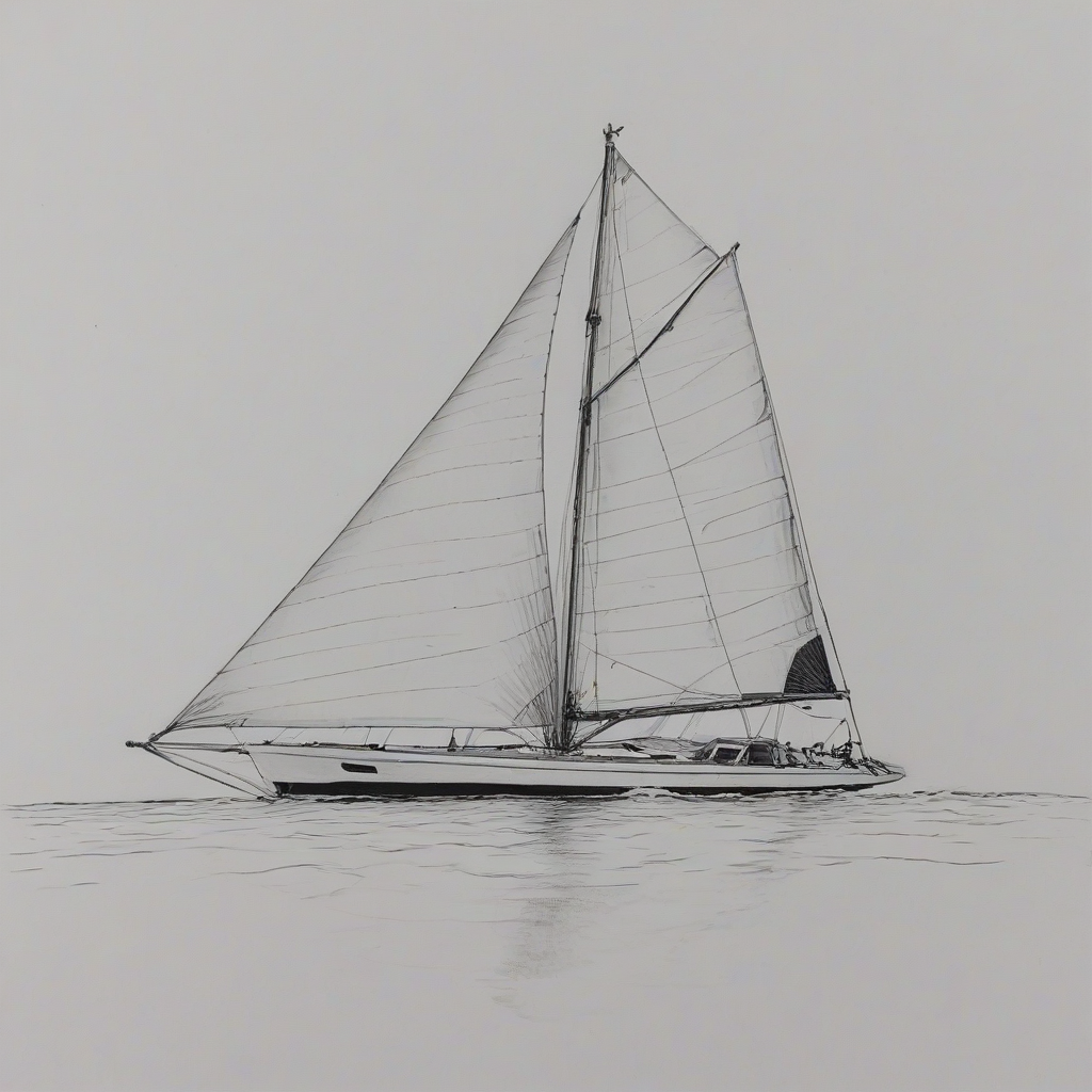 Sketch drawing of a big sail boat out on the open water, with a wide shot and full-body view of the boat, including the sails, hull, and deck, set against a plain white background, in a realistic style with bold lines and minimal shading