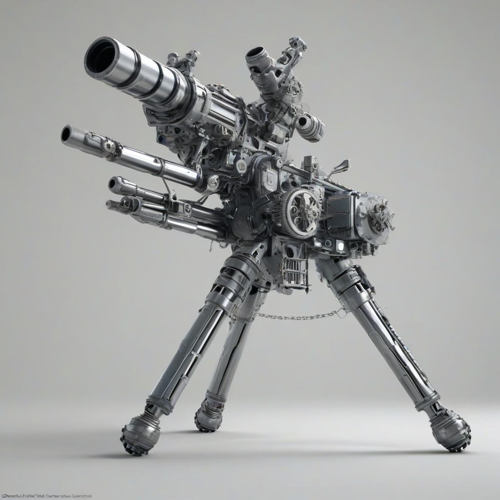 A tripod mounted gatling gun, wide shot, full-body view, on a plain white background, with a metallic finish, and a detailed mechanism, in a digital art style, with dynamic shadows and backlight, with the tripod legs and gun body clearly visible, and the background completely white, on a plain white background, even lighting 