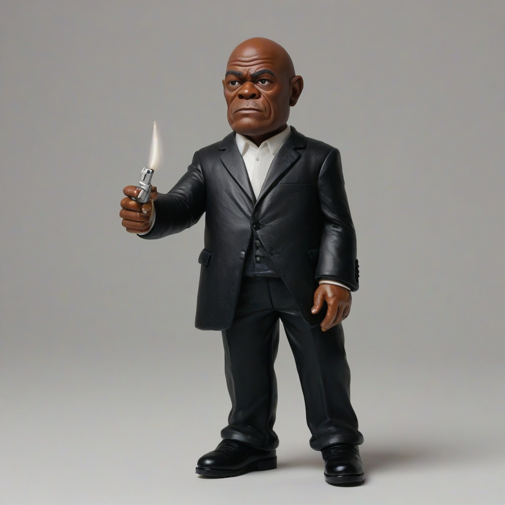 gnome version of Samuel L. Jackson in pulp fiction, wearing a black suit., on a plain white background, even lighting