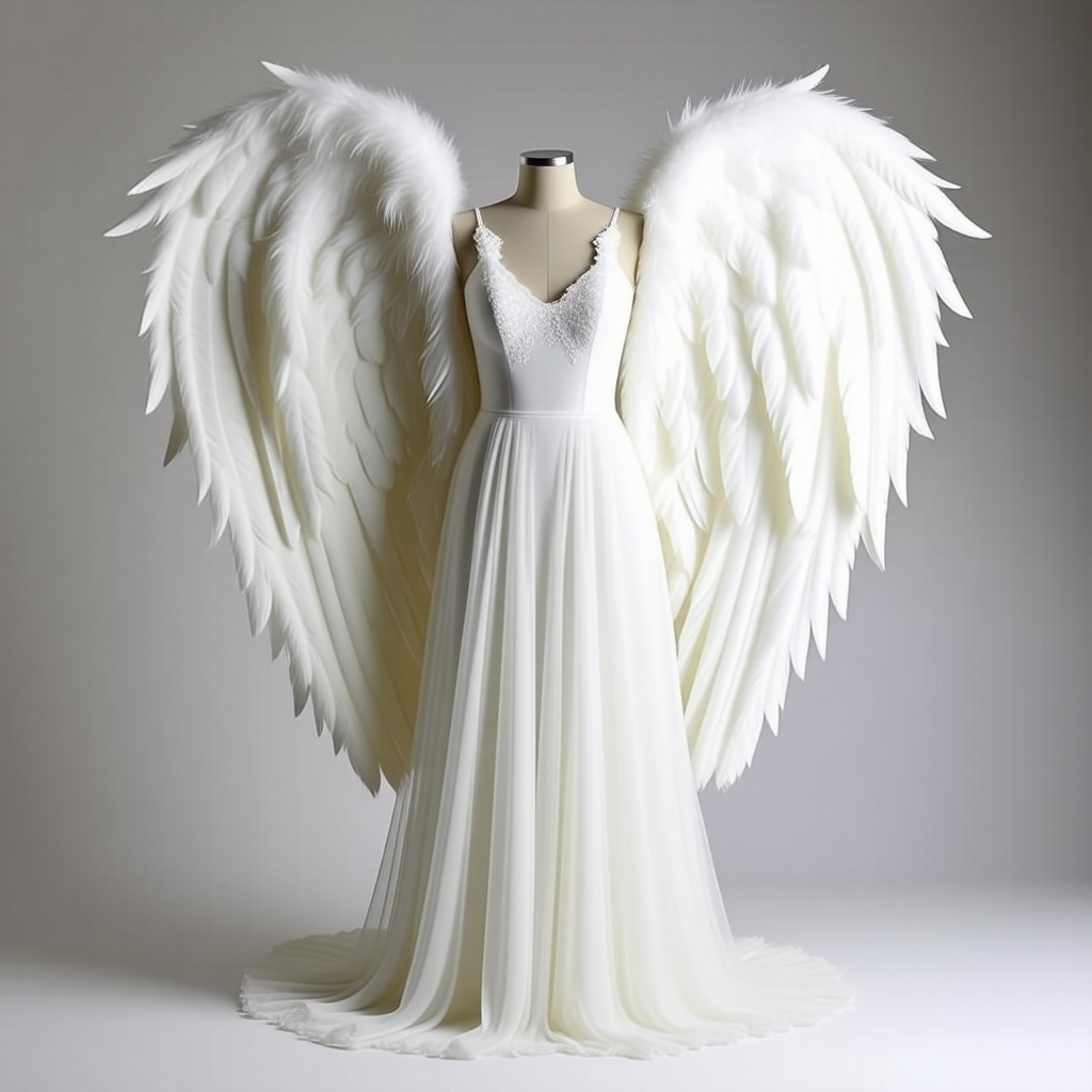 A dress mannequin with large, fluffy angel wings and a flowy white gown with ruffles