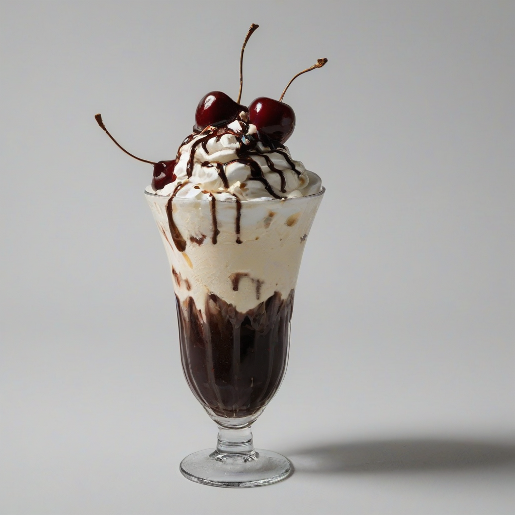 A hot fudge sundae with two scoops of vanilla ice cream, hot fudge sauce, whipped cream, and a cherry on top, in a tall clear glass, full-body view, on a plain white background, with a wide-angle shot, and dynamic shadows, on a plain white background, even lighting 