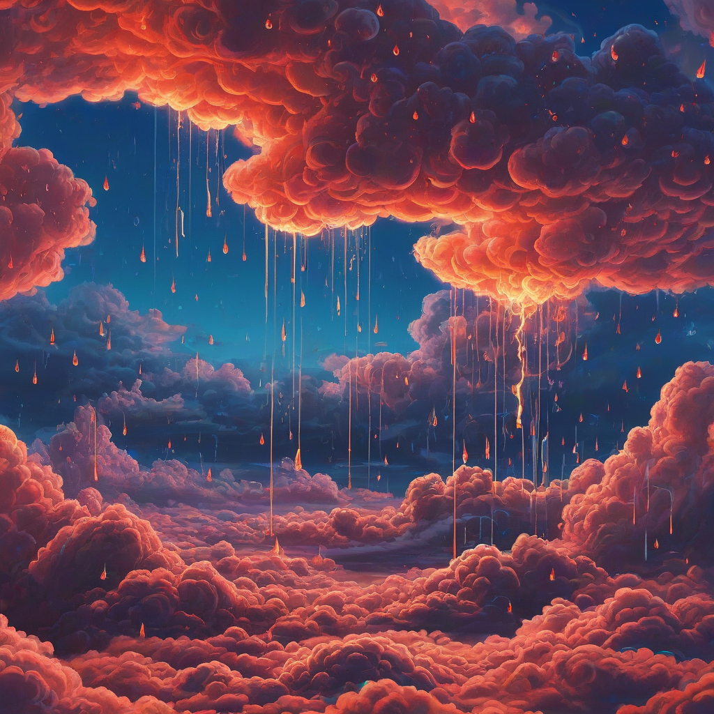 Giant fluffy reddish orange clouds, tiny fire drops, neon blue flying transport, reddish cloud trail, peaceful misty light rain, Swanland & Simonetti style